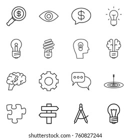 Thin line icon set : dollar magnifier, eye, money message, bulb, head, brain, gear, discussion, target, puzzle, singlepost, draw compass