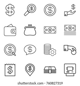 Thin line icon set : dollar, magnifier, investment, wallet, purse, money, arrow, message, virtual mining, hand coin, receipt, pin, atm