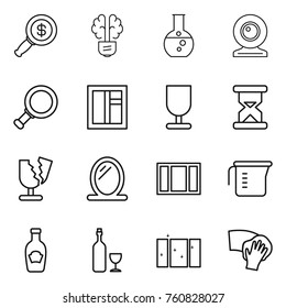 Thin line icon set : dollar magnifier, bulb brain, round flask, web cam, window, fragile, sand clock, broken, mirror, measuring cup, ketchup, wine, clean, wiping