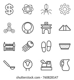 Thin line icon set : dollar, atom, virus, round around, spinner, necklace, arch, pyramid, gothic architecture, jellyfish, slippers, colander, ladle, sheep, harvester, jug