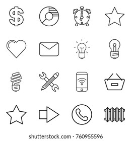 Thin line icon set : dollar, circle diagram, alarm clock, star, heart, mail, bulb, pencil wrench, phone wireless, remove from basket, right arrow, radiator