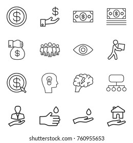 Thin line icon set : dollar, investment, money, gift, team, eye, courier, arrow, bulb head, brain, structure, client, hand drop, and, housing