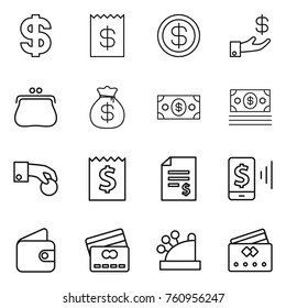 Thin line icon set : dollar, receipt, investment, purse, money bag, hand coin, account balance, mobile pay, wallet, credit card, cashbox
