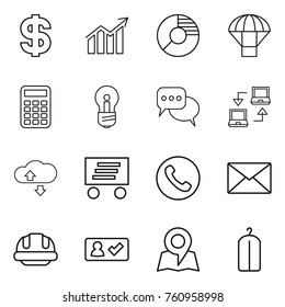 Thin line icon set : dollar, diagram, circle, parachute, calculator, bulb, discussion, notebook connect, cloude service, delivery, phone, mail, building helmet, check in, map, dry wash