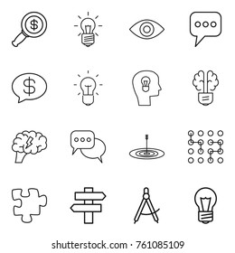 Thin line icon set : dollar magnifier, bulb, eye, message, money, head, brain, discussion, target, chip, puzzle, singlepost, draw compass