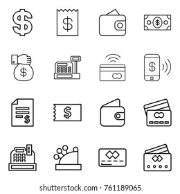 Thin line icon set : dollar, receipt, wallet, money, gift, cashbox, tap to pay, phone, account balance, credit card