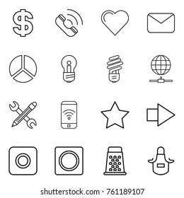 Thin line icon set : dollar, call, heart, mail, diagram, bulb, globe connect, pencil wrench, phone wireless, star, right arrow, ring button, grater, apron