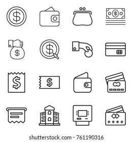 Thin line icon set : dollar, wallet, purse, money, gift, arrow, hand coin, credit card, receipt, atm, building