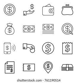 Thin line icon set : dollar, investment, wallet, purse, money bag, arrow, phone pay, hand coin, receipt, account balance, pin