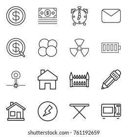 Thin line icon set : dollar, money, alarm clock, mail, arrow, atom core, nuclear, battery, laser, home, gothic architecture, pencil, electricity, iron board, microwave oven