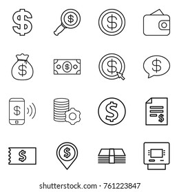 Thin line icon set : dollar, magnifier, wallet, money bag, arrow, message, phone pay, virtual mining, coin, account balance, receipt, pin, atm