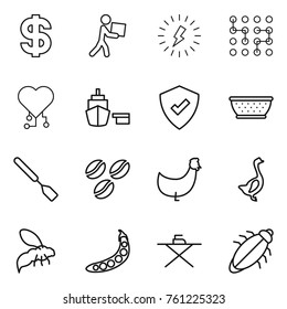 Thin line icon set : dollar, courier, lightning, chip, cardio, port, protected, colander, spatula, coffee seeds, chicken, goose, wasp, peas, iron board, bug