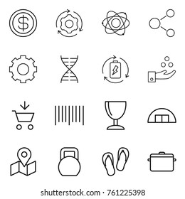 Thin line icon set : dollar, around gear, atom, molecule, dna, battery charge, chemical industry, add to cart, bar code, wineglass, hangare, map, heavy, flip flops, pan