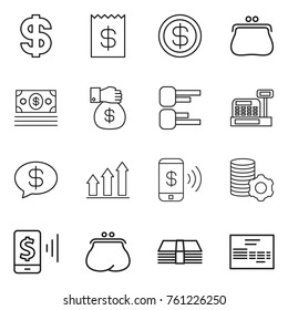 Thin line icon set : dollar, receipt, purse, money, gift, diagram, cashbox, message, graph up, phone pay, virtual mining, mobile, invoice