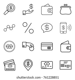 Thin line icon set : dollar magnifier, investment, wallet, purse, graph, percent, money message, phone pay, crypto currency, hand coin, credit card, pin, invoice
