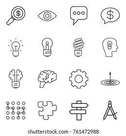 Thin line icon set : dollar magnifier, eye, message, money, bulb, head, brain, gear, target, chip, puzzle, singlepost, draw compass