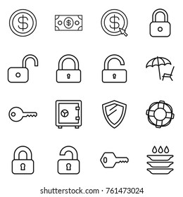 Thin line icon set : dollar, money, arrow, lock, unlock, lounger, key, safe, shield, lifebuoy, locked, unlocked, plate washing