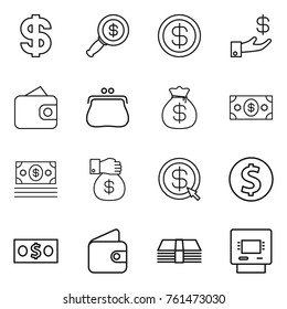 Thin line icon set : dollar, magnifier, investment, wallet, purse, money bag, gift, arrow, coin, atm
