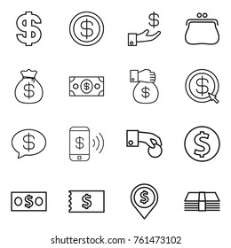 Thin line icon set : dollar, investment, purse, money bag, gift, arrow, message, phone pay, hand coin, receipt, pin