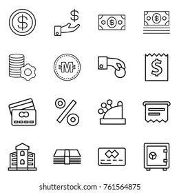 Thin line icon set : dollar, investment, money, virtual mining, crypto currency, hand coin, receipt, credit card, percent, cashbox, atm, building, safe