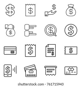 Thin line icon set : dollar, receipt, investment, money bag, gift, diagram, arrow, coin, credit card, account balance, mobile pay, atm