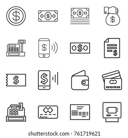 Thin line icon set : dollar, money, gift, cashbox, phone pay, account balance, receipt, mobile, wallet, credit card, invoice, atm