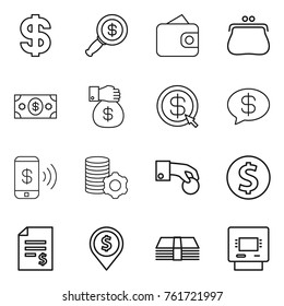 Thin line icon set : dollar, magnifier, wallet, purse, money, gift, arrow, message, phone pay, virtual mining, hand coin, account balance, pin, atm