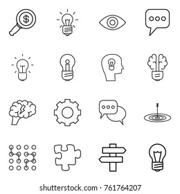 Thin line icon set : dollar magnifier, bulb, eye, message, head, brain, gear, discussion, target, chip, puzzle, singlepost