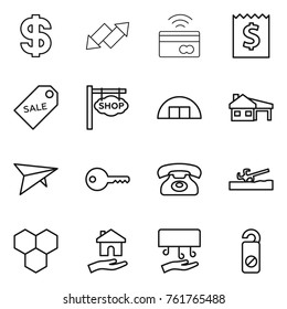 Thin line icon set : dollar, up down arrow, tap to pay, receipt, sale label, shop signboard, hangare, house with garage, deltaplane, key, phone, soil cutter, honeycombs, housing, hand dryer