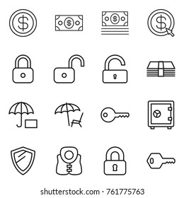 Thin line icon set : dollar, money, arrow, lock, unlock, insurance, lounger, key, safe, shield, life vest, locked