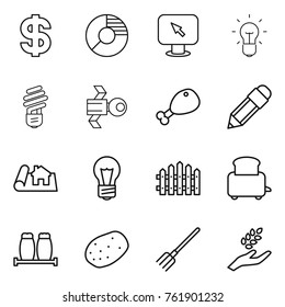 Thin line icon set : dollar, circle diagram, monitor arrow, bulb, satellite, chicken leg, pencil, project, fence, toaster, salt pepper, potato, fork, harvest