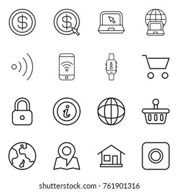 Thin line icon set : dollar, arrow, notebook, globe, wireless, phone, smart watch, cart, lock, info, basket, earth, map, home, ring button