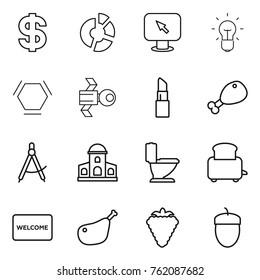 Thin line icon set : dollar, circle diagram, monitor arrow, bulb, hex molecule, satellite, lipstick, chicken leg, draw compass, mansion, toilet, toaster, welcome mat, berry, acorn