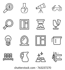 Thin line icon set : dollar magnifier, round flask, telescope, smart glasses, window, sand clock, broken, bulb, mirror, measuring cup, spices, jug, clean floor, skyscrapers cleaning