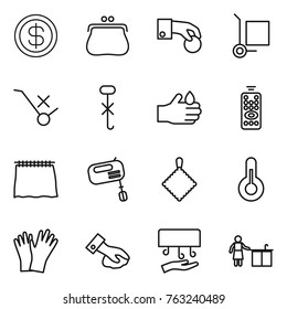 Thin line icon set : dollar, purse, hand coin, cargo stoller, do not trolley sign, hook, acid, remote control, curtain, mixer, rag, thermometer, gloves, wiping, dryer, kitchen cleaning