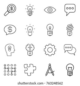 Thin line icon set : dollar magnifier, bulb, eye, message, money, head, brain, gear, discussion, chip, puzzle, draw compass