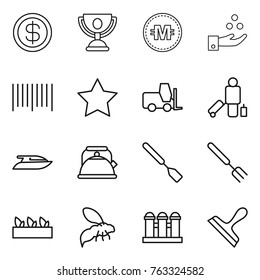 Thin line icon set : dollar, trophy, crypto currency, chemical industry, bar code, star, fork loader, passenger, yacht, kettle, spatula, big, seedling, wasp, grain elevator, scraper
