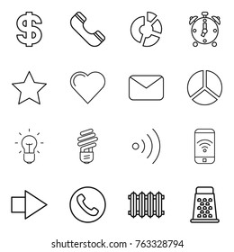 Thin line icon set : dollar, phone, circle diagram, alarm clock, star, heart, mail, bulb, wireless, right arrow, radiator, grater