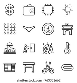 Thin line icon set : dollar, wallet, chip, underpants, info, arch, mansion, courier delivery, disco ball, thermometer, wardrobe, stool, scissors, towel