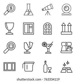 Thin line icon set : dollar magnifier, flask, telescope, web cam, wineglass, window, arch, cargo top sign, search, broken, cocktail, coffee maker, measuring cup, wine, clean floor