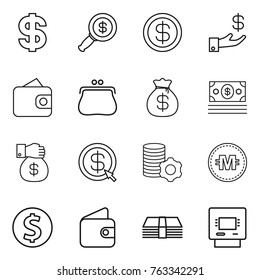 Thin line icon set : dollar, magnifier, investment, wallet, purse, money bag, gift, arrow, virtual mining, crypto currency, coin, atm