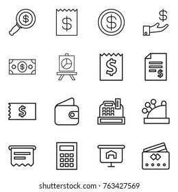 Thin line icon set : dollar magnifier, receipt, investment, money, presentation, account balance, wallet, cashbox, atm, calculator, credit card