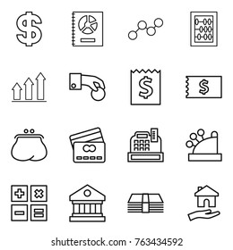 Thin line icon set : dollar, annual report, graph, abacus, up, hand coin, receipt, purse, credit card, cashbox, calculator, library, money, housing