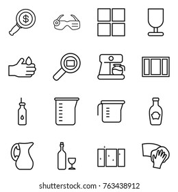 Thin line icon set : dollar magnifier, smart glasses, window, fragile, acid, cargo search, coffee maker, vegetable oil, measuring cup, ketchup, jug, wine, clean, wiping