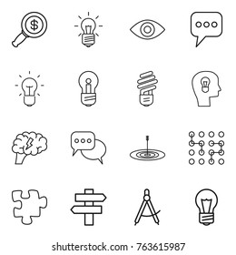 Thin line icon set : dollar magnifier, bulb, eye, message, head, brain, discussion, target, chip, puzzle, singlepost, draw compass