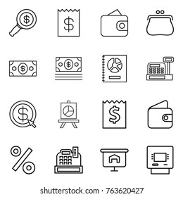 Thin line icon set : dollar magnifier, receipt, wallet, purse, money, annual report, cashbox, arrow, presentation, percent, atm