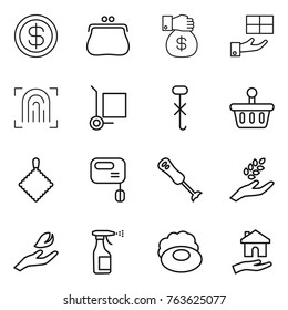 Thin line icon set : dollar, purse, money gift, fingerprint, cargo stoller, do not hook sign, basket, rag, mixer, blender, harvest, hand leaf, sprayer, soap, housing