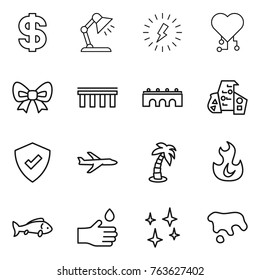 Thin line icon set : dollar, table lamp, lightning, cardio chip, bow, bridge, modern architecture, protected, plane, palm, fire, fish, hand drop, shining, spot