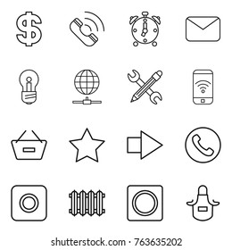 Thin line icon set : dollar, call, alarm clock, mail, bulb, globe connect, pencil wrench, phone wireless, remove from basket, star, right arrow, ring button, radiator, apron