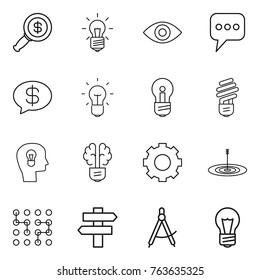 Thin line icon set : dollar magnifier, bulb, eye, message, money, head, brain, gear, target, chip, singlepost, draw compass
